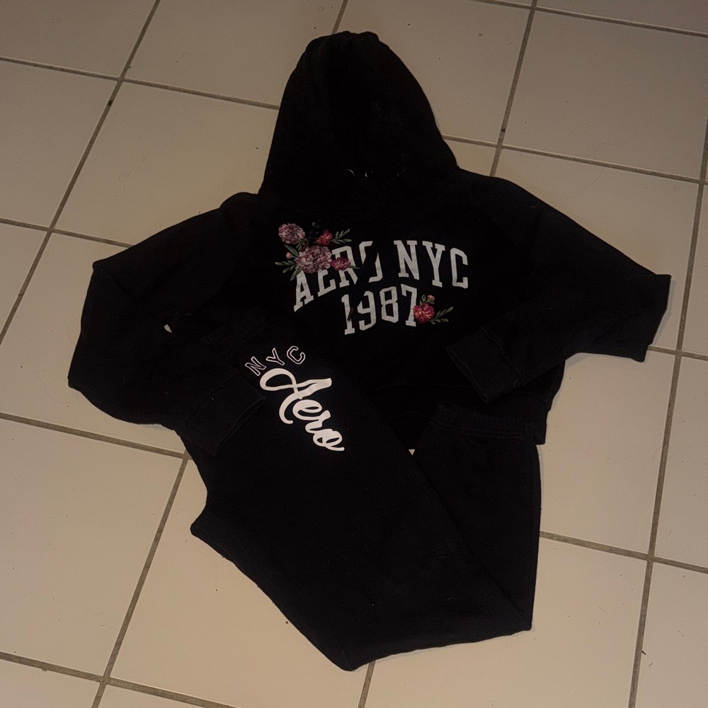 Aeropostale Black Hoodie with Floral Embroidery And Skinny Joggers